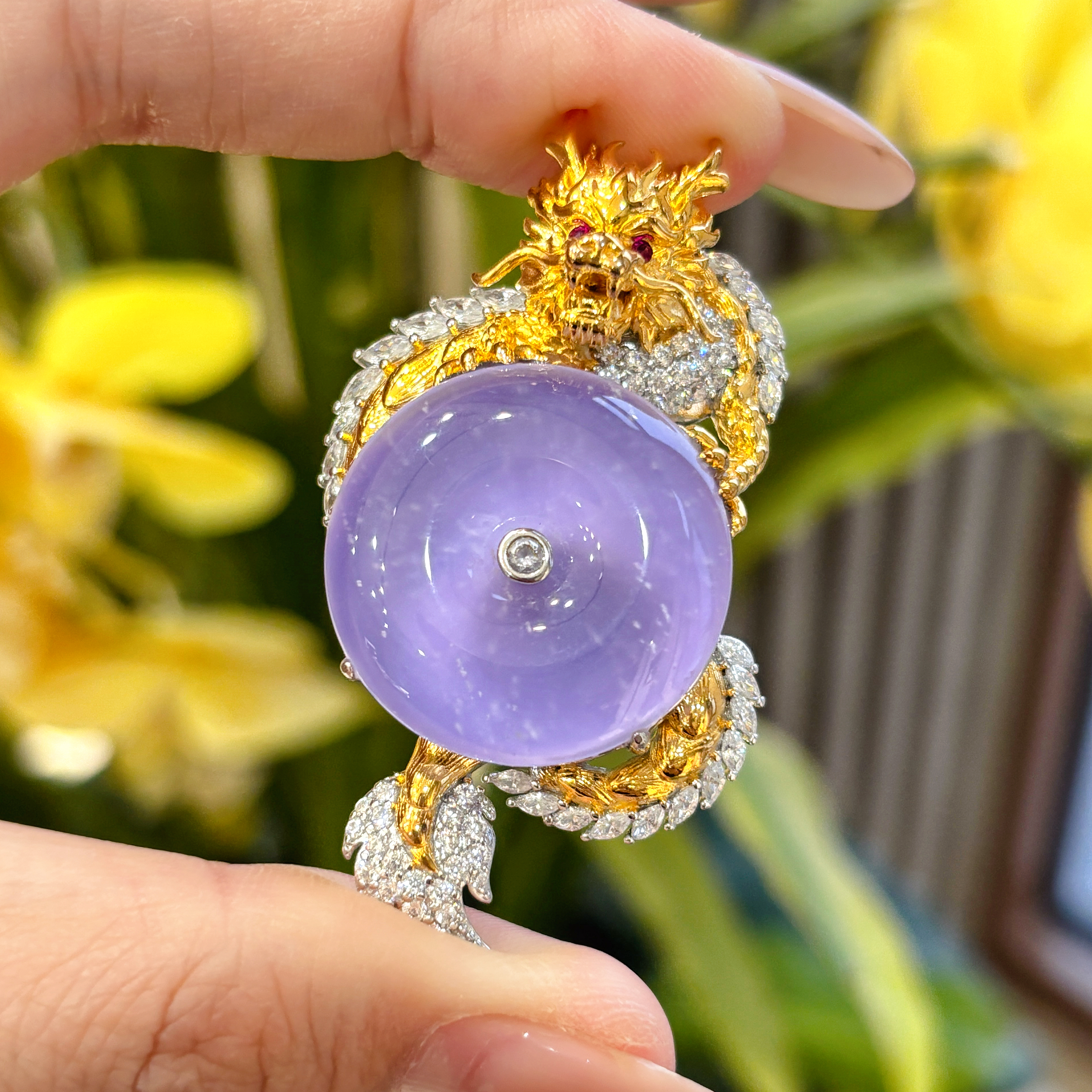 VISING珠宝紫色天然水沫玉垫色紫罗兰金龙抱平安扣吊坠项链雪花棉