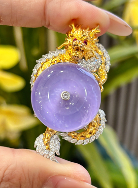 VISING珠宝紫色天然水沫玉垫色紫罗兰金龙抱平安扣吊坠项链雪花棉