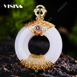 VISING天然金丝玉国风设计大怀古平安扣甜甜圈毛衣链古法项链