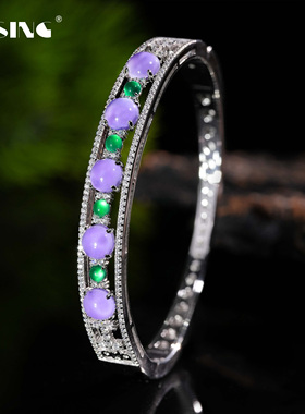 VISING天然水沫玉绿玉髓紫罗兰手镯银镯子垫紫色设计