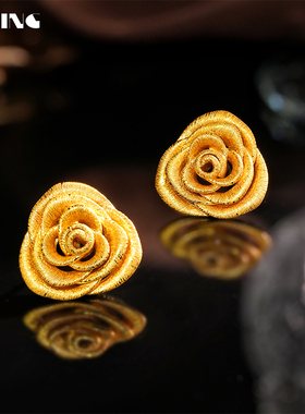 VISING珠宝黄金色手工拉丝玫瑰花耳钉耳饰S925银