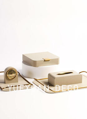 粤萱简约现代真皮五金托盘储物盒样板间售楼处酒店会客厅软装摆设