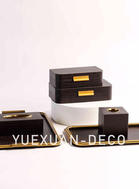 粤萱简约现代PU皮金属托盘储物盒样板间售楼处酒店会客厅软装摆设