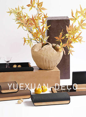 粤萱现代简约实木托盘皮革收纳盒首饰盒摆件售楼处样板间客厅茶几