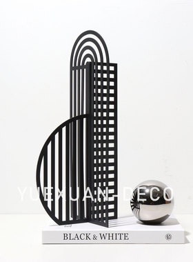 粤萱简约现代创意黑色金属纹路摆件样板间售楼处酒店玄关客厅软装