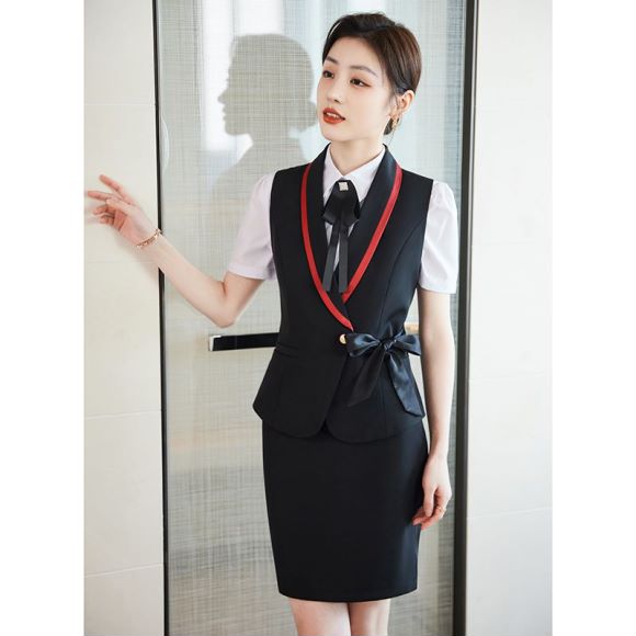 夏季黑色马甲女职业装套装三件套工装短袖春夏西装酒店前台工作服