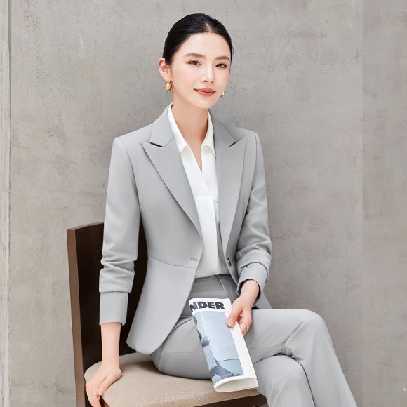 一粒扣浅灰色职业装女春秋冬时尚气质酒店工作服西装制服套装套裙
