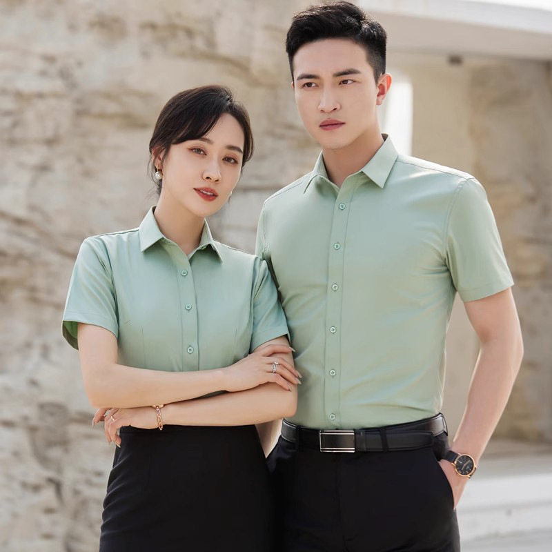 职业浅绿色短袖衬衫男女商务正装保险销售制服免烫透气衬衣工作