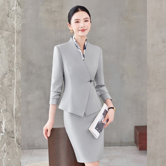 浅灰色职业装女秋冬时尚气质酒店服务员工作服西装制服套装套裙
