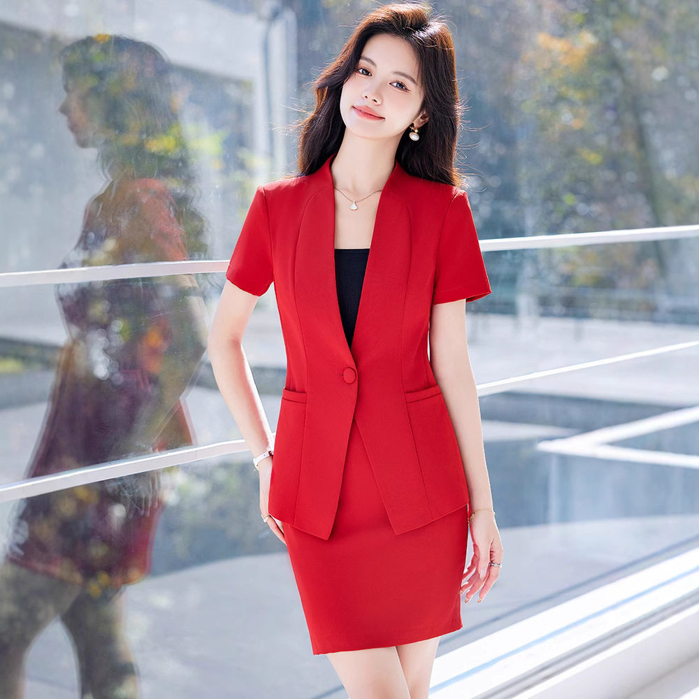 夏季短袖红色小西装外套女裤子裙子夏装职业装两件套装显瘦修身潮