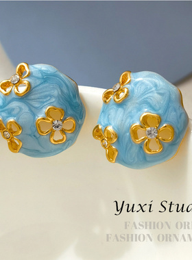 【海兰】Y家韩国蓝色镂空几何小花耳钉小清新夏季耳饰女S925银针