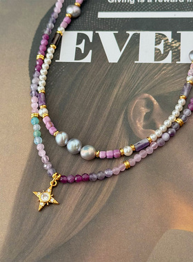 Y家原创紫色天然石十字架串珠项链叠戴精致复古百搭高级感首饰