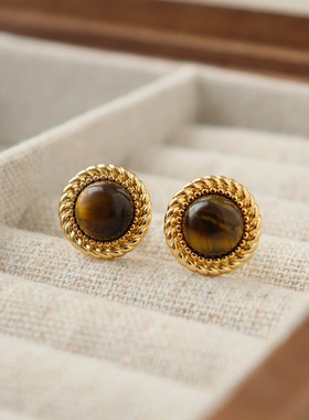 Y家原创复古虎眼石耳钉银色圆形耳饰简约通勤OL风百搭925银气质款