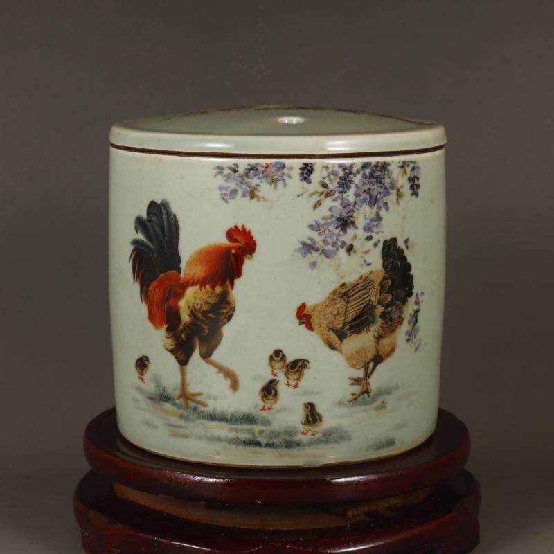 民国居仁堂豆青釉粉彩公鸡大吉大利蛐蛐罐盖罐蟋蟀罐民间古玩收藏