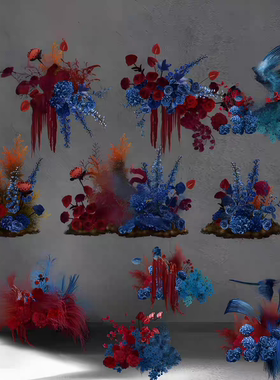 SC139红蓝色花艺素材小众婚礼新中式竹篾大簇背景花艺素材psd素材