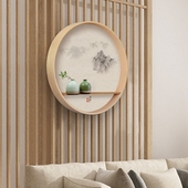 新中式装饰画入户门玄关壁画日式正对墙茶室背景墙圆形禅意茶桌挂