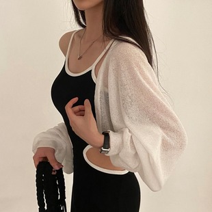 针织开衫 韩国chic夏季 薄款 冰丝防晒衣短款 简约宽松蝙蝠袖 披肩外套