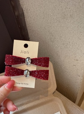 新年红色发饰闪闪砂糖水钻蝴蝶结发夹边夹气质百搭刘海夹发卡发饰