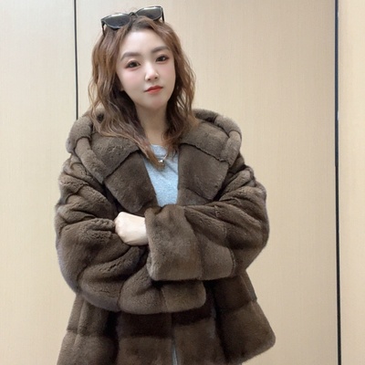 进口水貂貂皮大衣横排披肩连帽