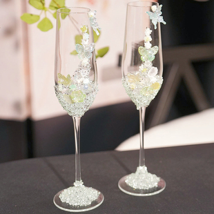 花束原创设计婚礼新人敬酒杯交杯酒订婚礼物送闺蜜冰透绿色高脚杯