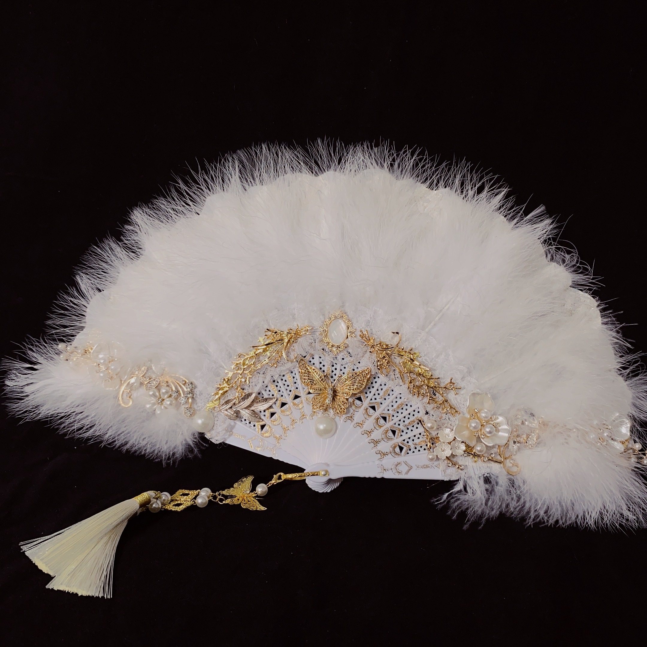 洛丽塔扇子华丽复古欧式宫廷巴洛克羽毛折扇黑白流苏漫展cos道具