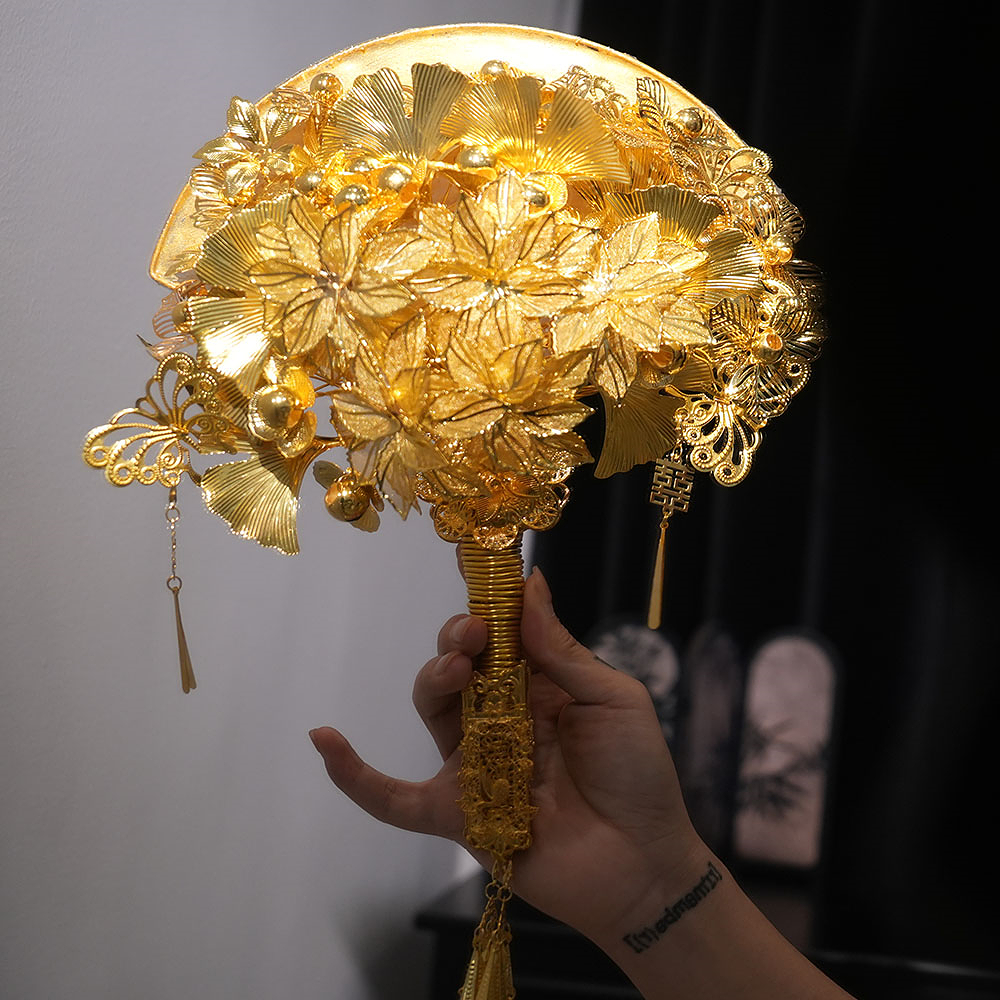 凤吟婷 黄金色团扇婚礼权杖新娘结婚手捧花定制diy材料包中式婚礼