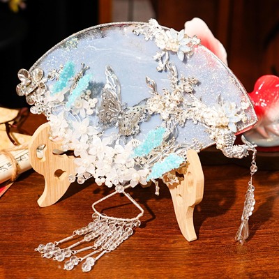 手捧花扇子diy团扇手捧花新娘扇子折扇银色中国风汉服拍摄道具