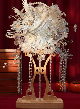 中式蓝色团扇古风喜扇新娘婚礼结婚秀禾服宫扇DIY材料包和成品扇