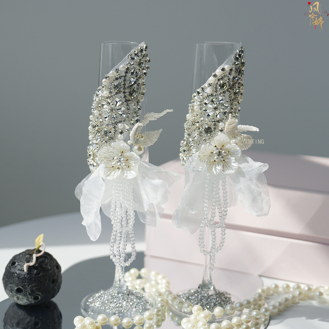 香槟杯高脚杯子一对手工敬酒杯diy材料蝴蝶装饰结婚Y订婚礼物新婚
