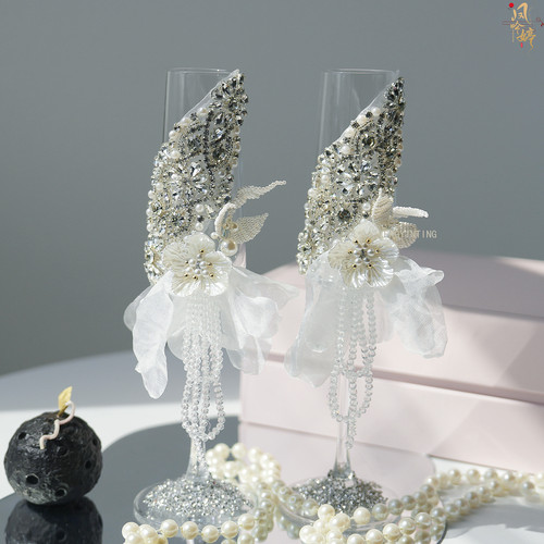 香槟杯高脚杯子一对手工敬酒杯diy材料蝴蝶装饰结婚Y订婚礼物新婚