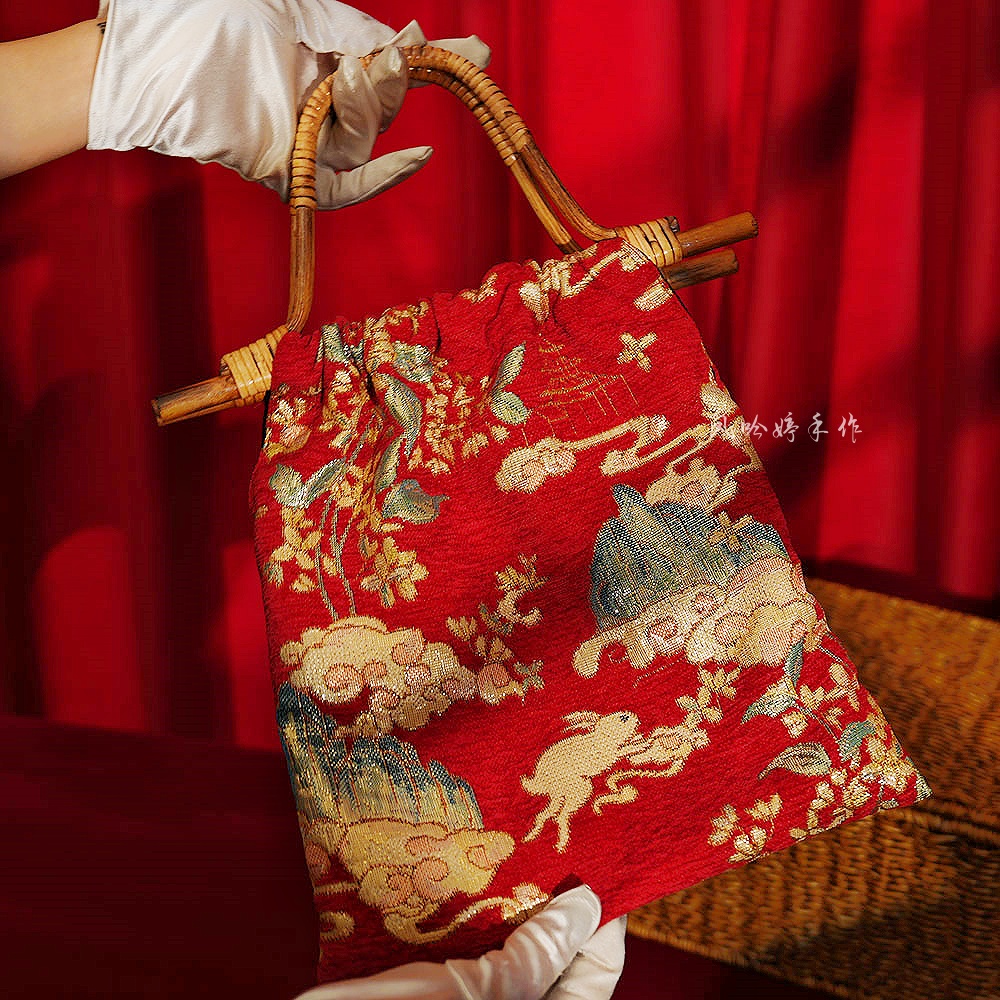 婚包女新娘新款红色结婚大容量刺绣国风托特包竹节古风汉服包包