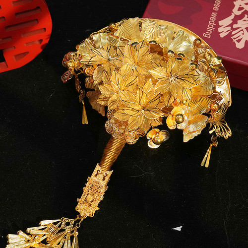 黄金色手捧花新娘结婚团扇礼物婚礼diy新婚秀禾闺蜜高级中式权杖