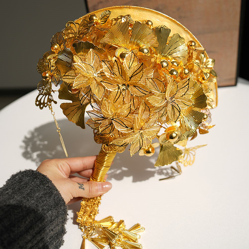 金色手捧花diy材料包婚礼秀禾服高级中式权杖礼物新娘结婚团扇