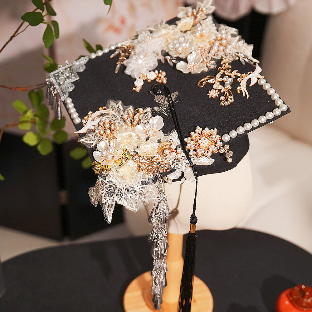 簪花学士帽手工diy毕业帽博士帽装饰材料包定制成品头饰硕士帽子