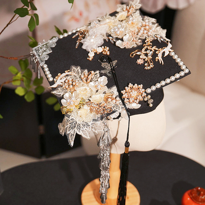 簪花学士帽手工diy毕业帽博士帽装饰材料包定制成品头饰硕士帽子