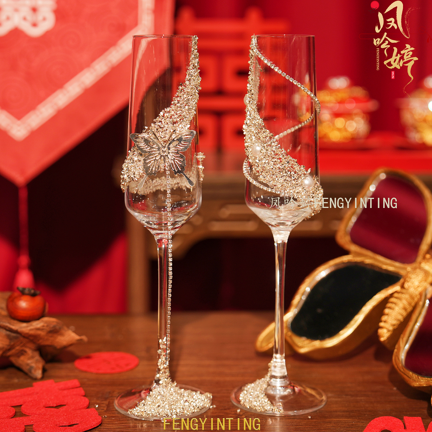 流苏灵动蝴蝶婚礼敬酒杯材料包手工diy结婚香槟杯送闺蜜新婚礼物