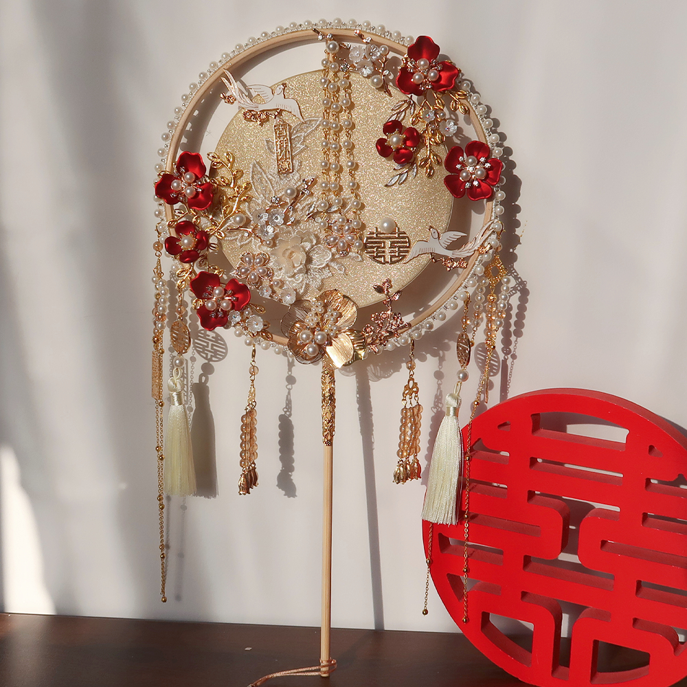 香槟色团扇结婚中式出嫁遮面扇