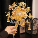 凤吟婷 重工出嫁团扇新娘结婚材料包高级手捧花手工秀禾喜扇金色