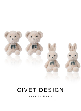 复古可爱棕色小熊小兔子耳环毛绒秋冬纯银耳钉卡通少女无耳洞耳夹