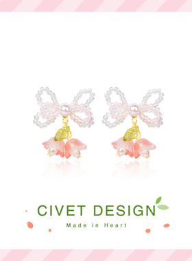 夏日铃兰花纯银耳环甜美可爱温柔耳钉法式蝴蝶结花花无耳洞耳夹女