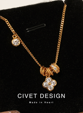 跑环镶钻四叶草925纯银项链女法式轻奢高级感有钱花气质小众设计