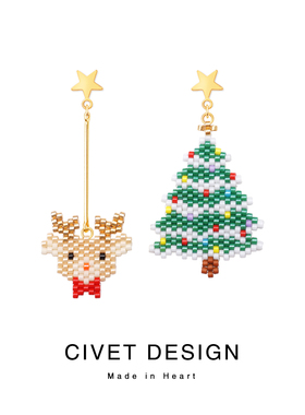 原创少女百搭简约圣诞树礼物小鹿古董米珠不对称银耳环无耳洞耳夹