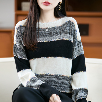 法式设计感撞色条纹针织衫女宽松显瘦毛衣2025新款精仿打底羊毛衫