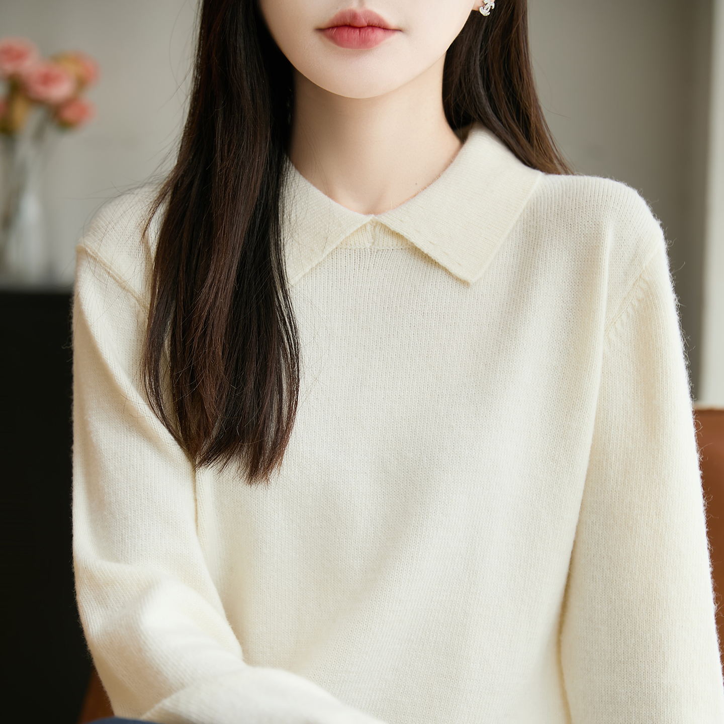 秋冬款铜球阀翻领镂空袖口羊毛针织衫女Polo领宽松百搭高级感上衣