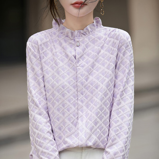 新款法式立领木耳边长袖衬衫女士2025秋季新款花边纯棉套头衬衣