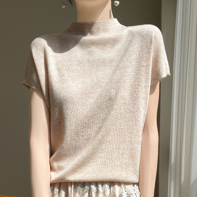 高级感半高领短袖女薄款夏季新款2024洋气针织衫宽松内搭打底上衣