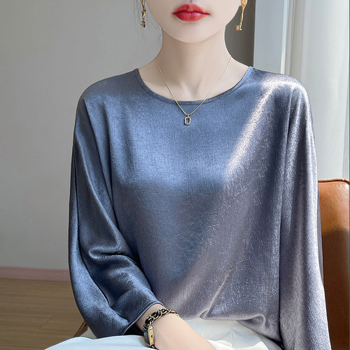 醋酸七分袖T恤法式简约百搭衬衫上衣夏新款缎面舒适宽松打底上衣