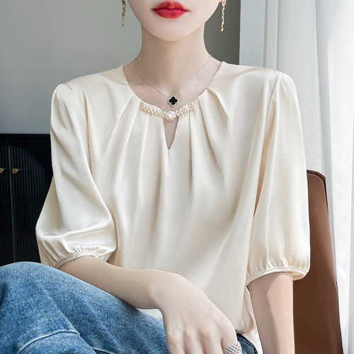 法式优雅真丝桑蚕丝圆领短袖衬衫女气质显瘦小衫洋气减龄上衣
