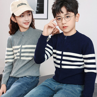 童装男女童针织开衫2024冬季新款中大童学院风半高领纯棉线外套