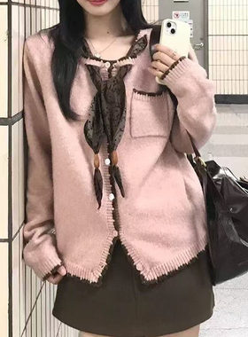 针织开衫女秋冬季穿搭2026新款粉色长袖上衣超火减龄毛衣短款外套